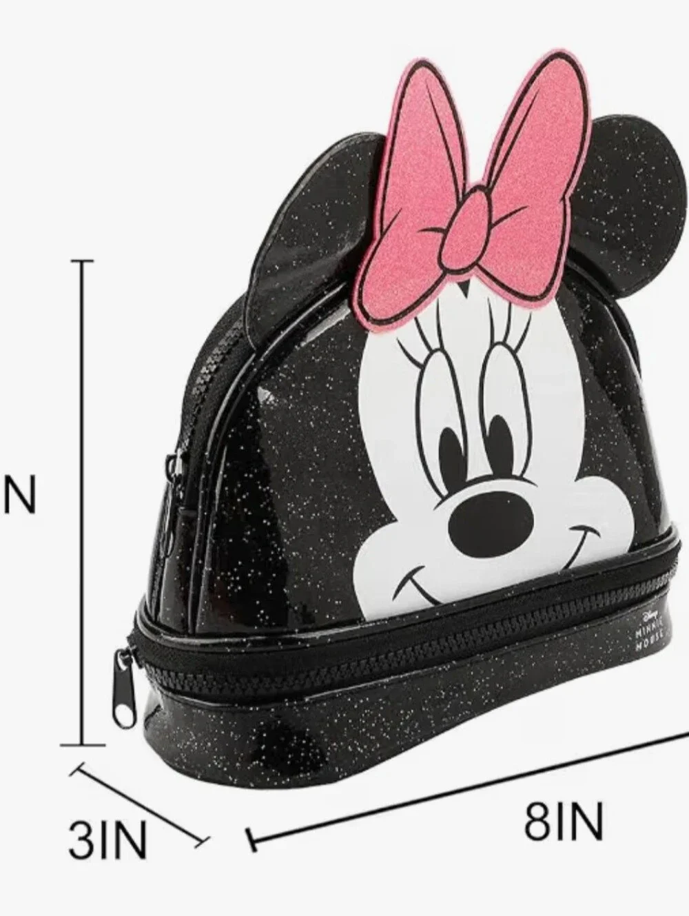 Disney Minnie Mouse Black Glitter Cosmetic Bag 6” 3D Ears Bioworld NEW